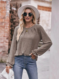 Slightly Stretchy Ruched Round Neck Long Sleeve T-Shirt - Casual Everyday Essential - Store 42