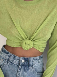 Slightly Stretchy Knotted Long Sleeve T-Shirt in Sheer 100% Polyester - Trendy Basic Style - Store 42
