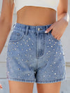 Rhinestone Washed High Waist Denim Shorts Medium