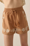 Embroidered Boho Tasseled Drawstring Elastic Waist Casual Shorts Caramel