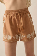 Embroidered Boho Tasseled Drawstring Elastic Waist Casual Shorts Caramel