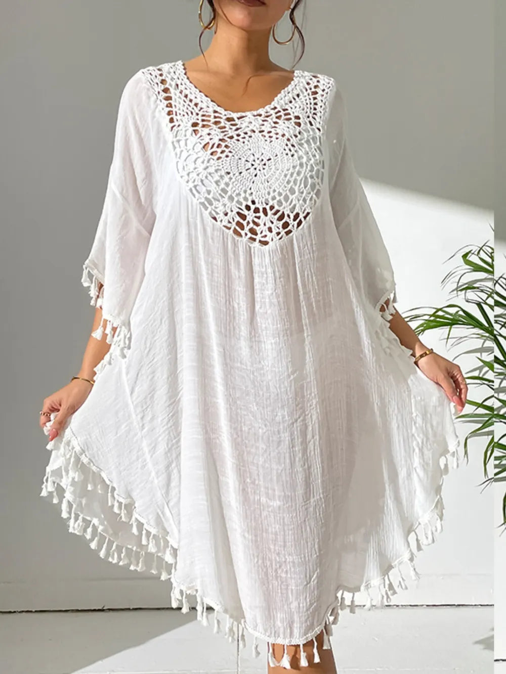 Trendsi Tassel Cutout Semi-Sheer Scoop Neck Cover-Up Dress for Beach & Pool