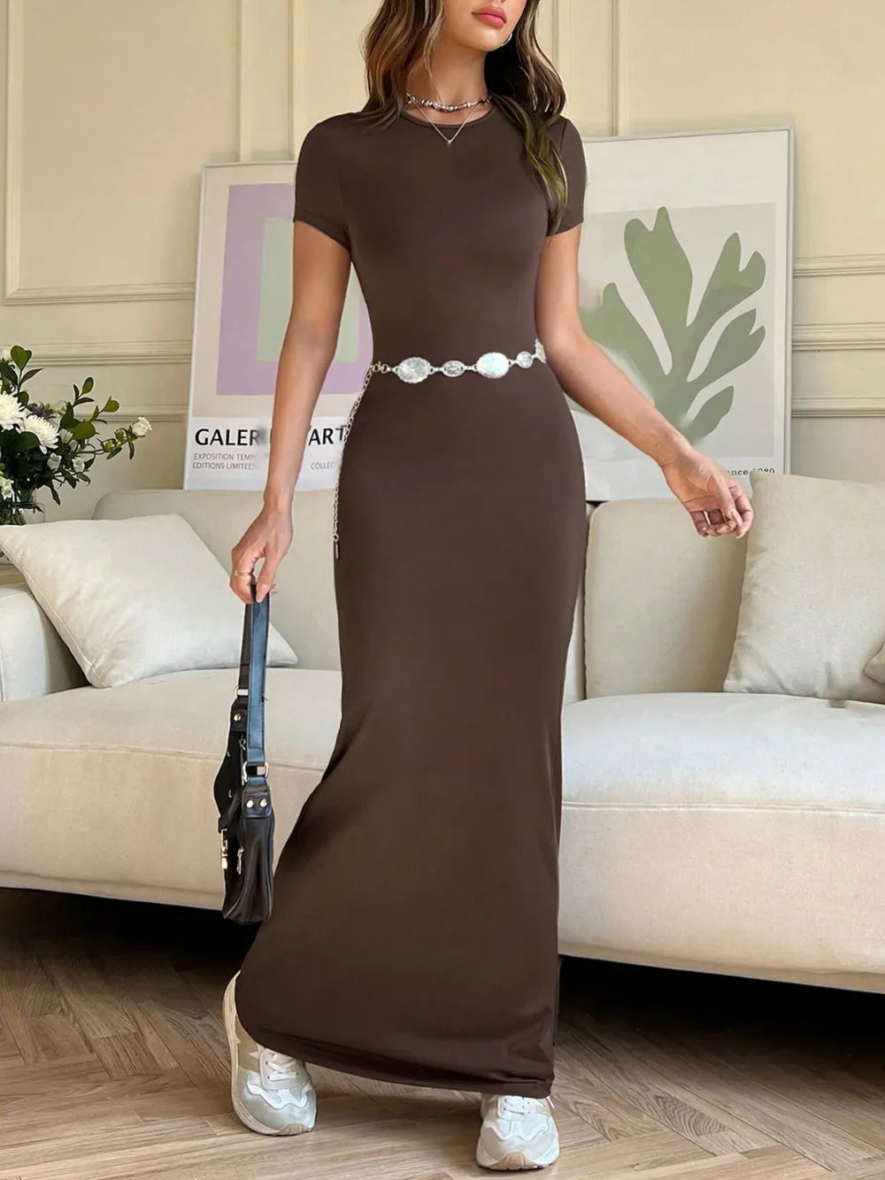Trendy Short Sleeve Maxi Tee Dress - Opaque, Slightly Stretchy, 95% Polyester