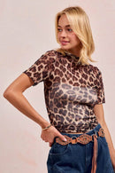 Fitted Leopard Print High Neck Mesh Top With Short Sleeves – Comfortable & Stylish - Store 42