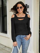 Trendy Cold Shoulder Cutout Blouse with Square Neck - Slightly Stretchy Cotton-Polyester Blend - Store 42