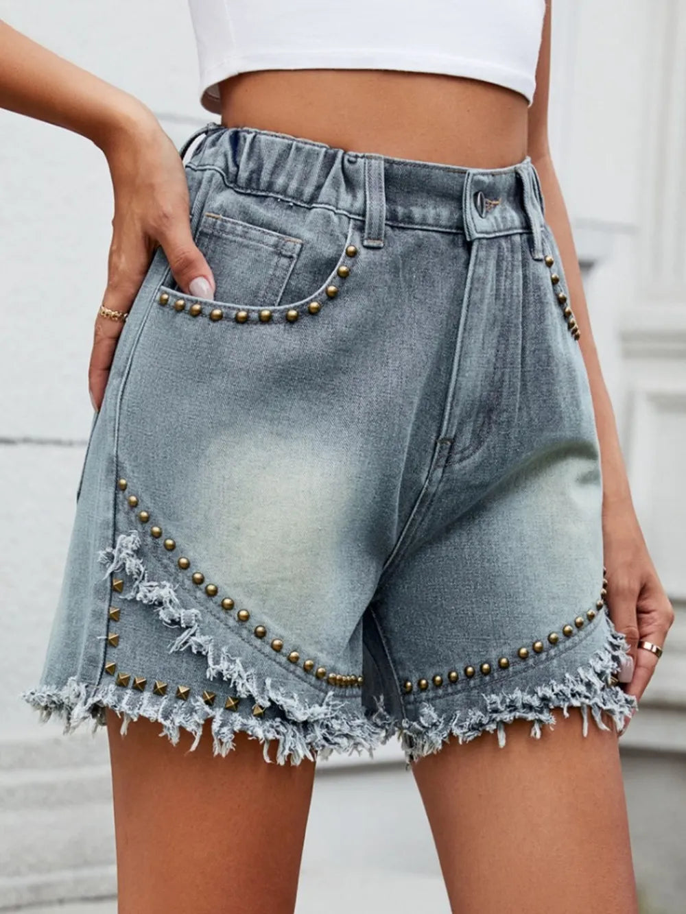 Trendy Raw Hem Studded Denim Shorts with Pockets - Distressed & Washed Style