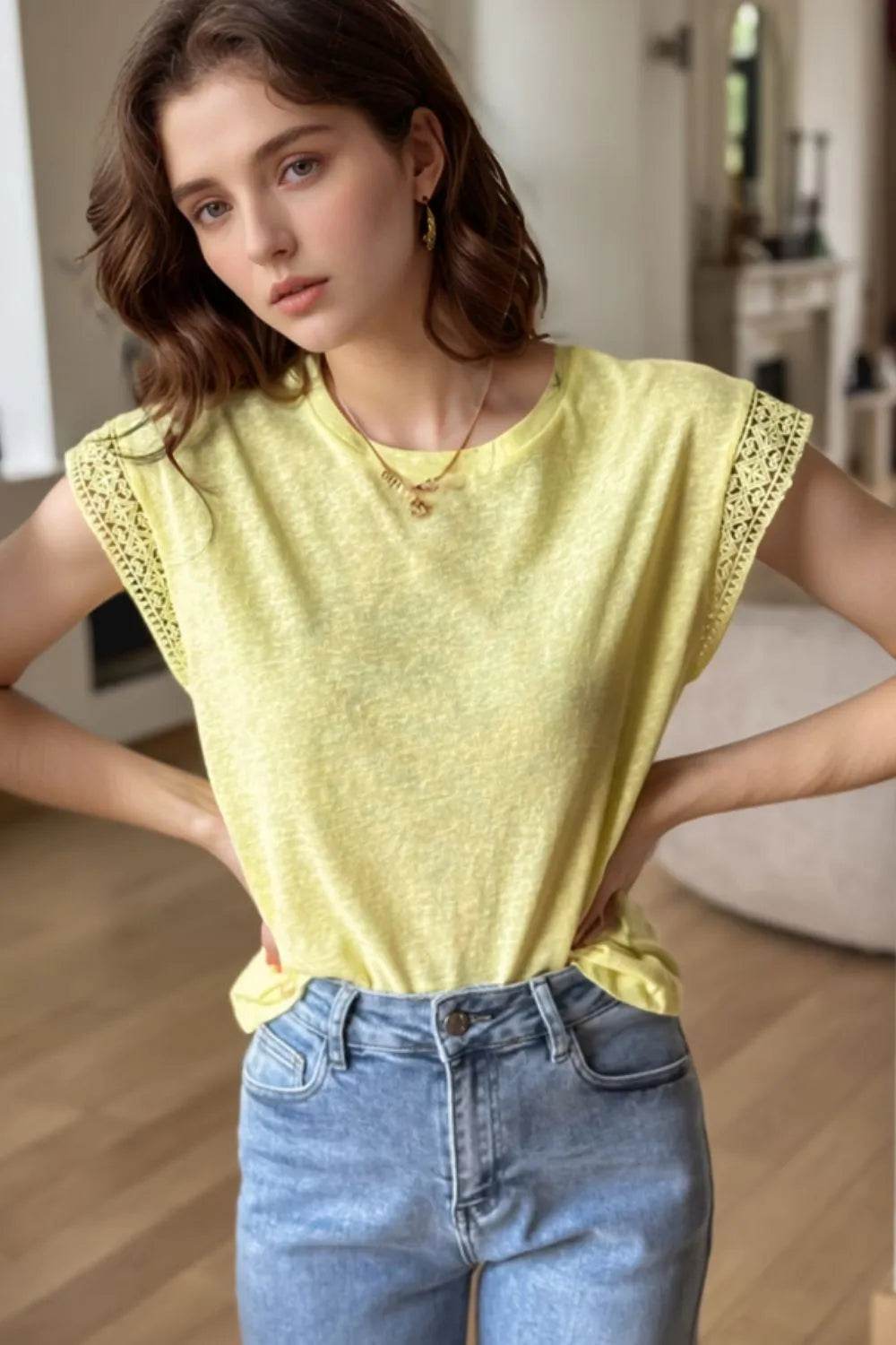 Lace Patchwork Cap Sleeve T-Shirt with Round Neck - Soft Polyester Cotton Blend
