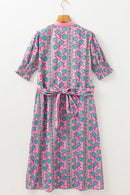 Printed Shirred Sleeve Buttoned Front Midi Dress with Sash