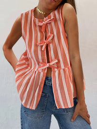 Tied Striped Round Neck Tank Orange