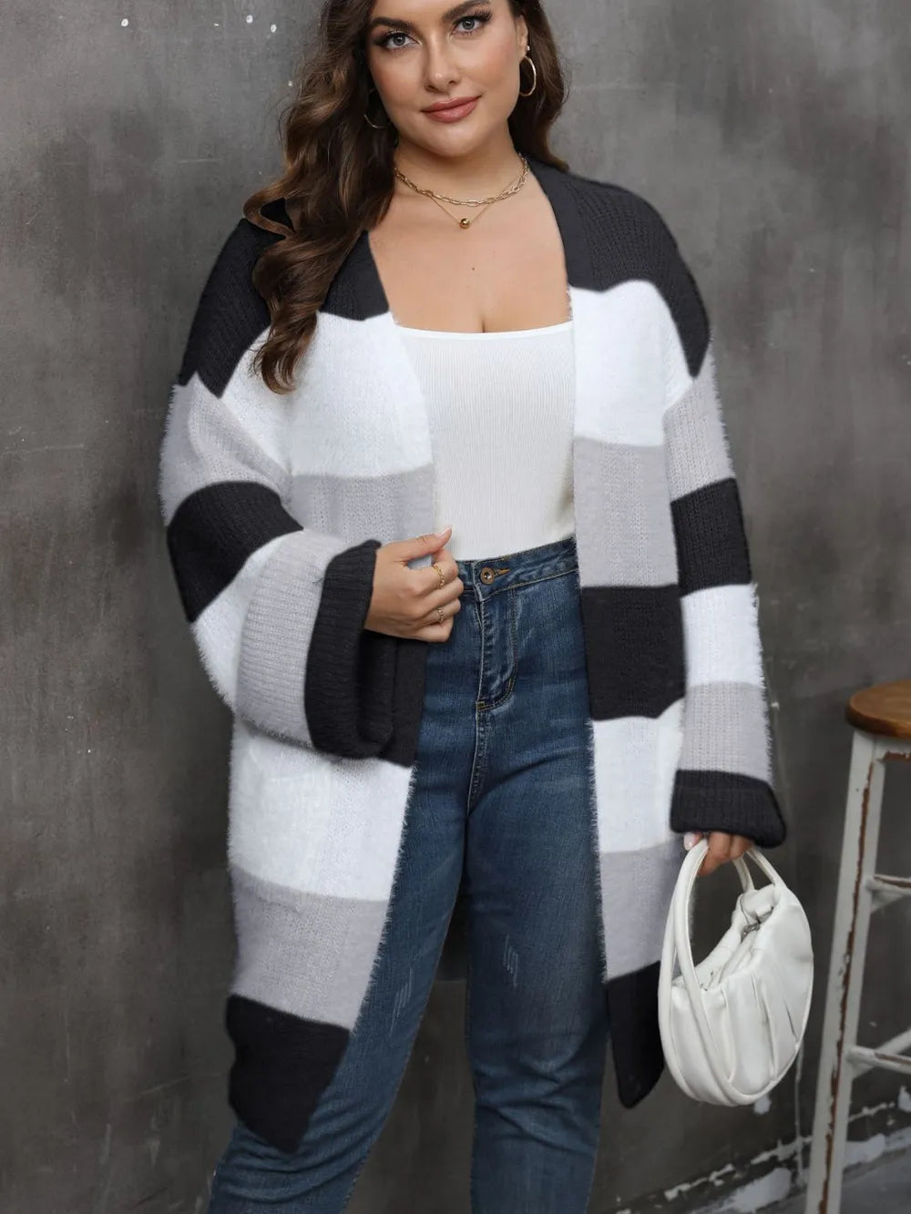 Stylish Plus Size 100% Acrylic Open Front Long Sleeve Cardigan with Moderate Stretch
