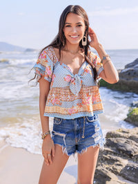 Printed Sweetheart Neck Layered Short Sleeve Blouse Watermelon pink