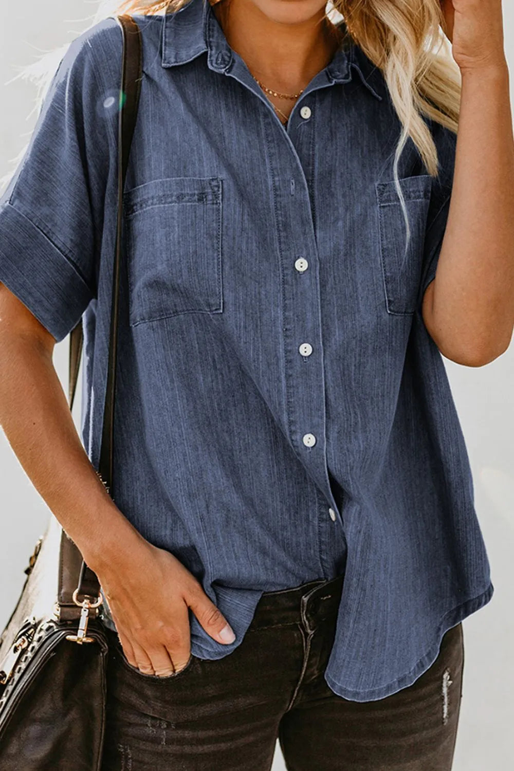 Men's Pocketed Short Sleeve Denim Shirt - 100% Cotton, Machine Washable, Casual Style