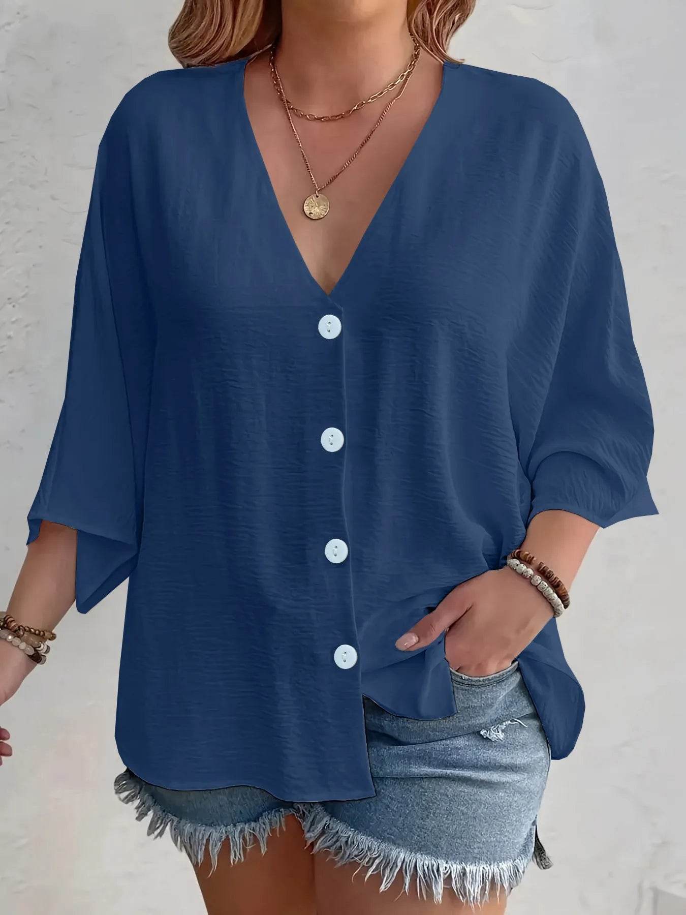 Full Size Casual V-Neck Button Down Relaxed Fit Blouse Plus Size - Store 42