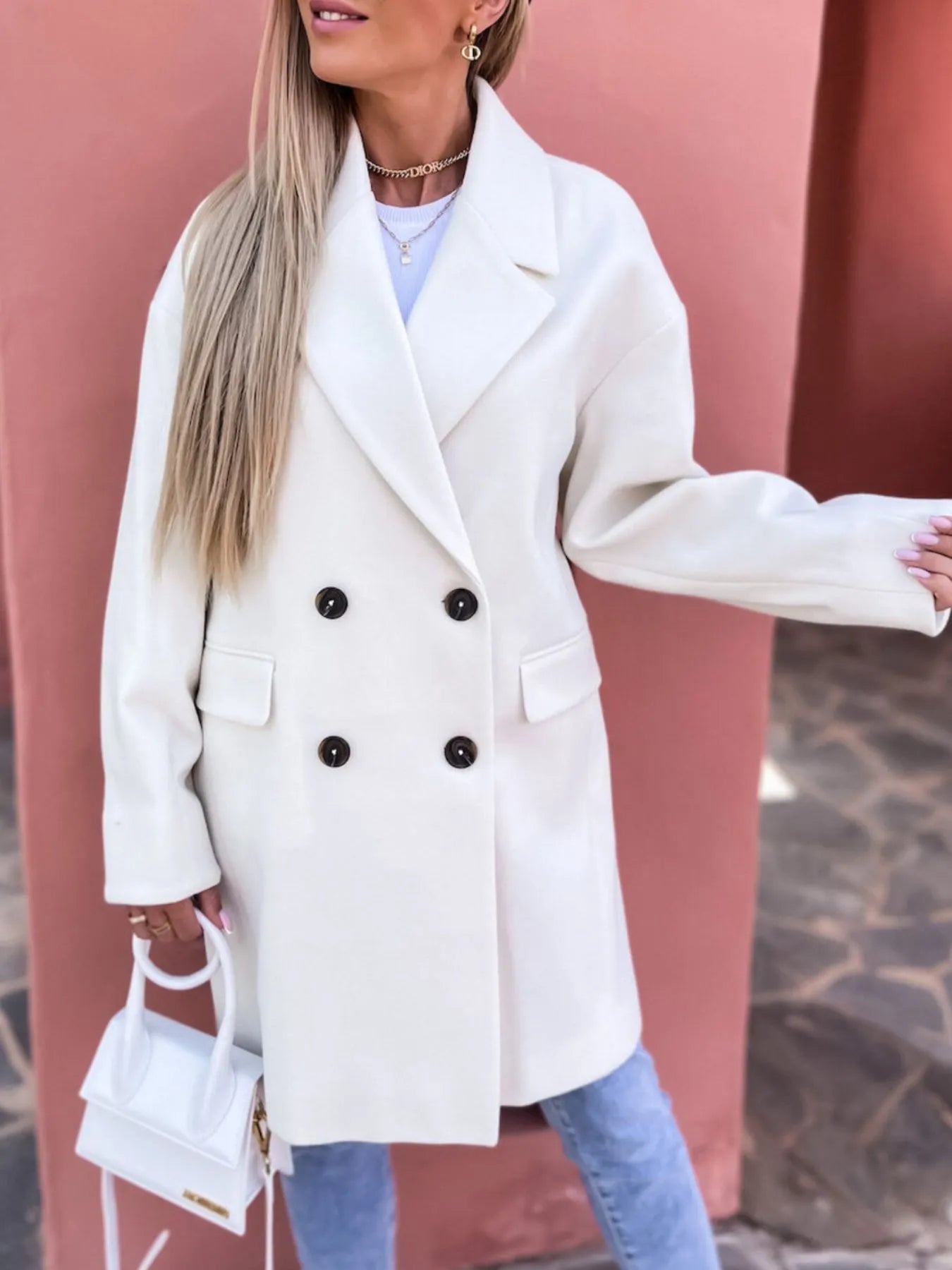 Plus Size Full Length Double-Breasted Wool Coat with Pockets - Stylish & Warm