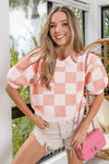 BiBi Check Pattern Short Puff Sleeve Sweater Top IVORY CORAL PINK