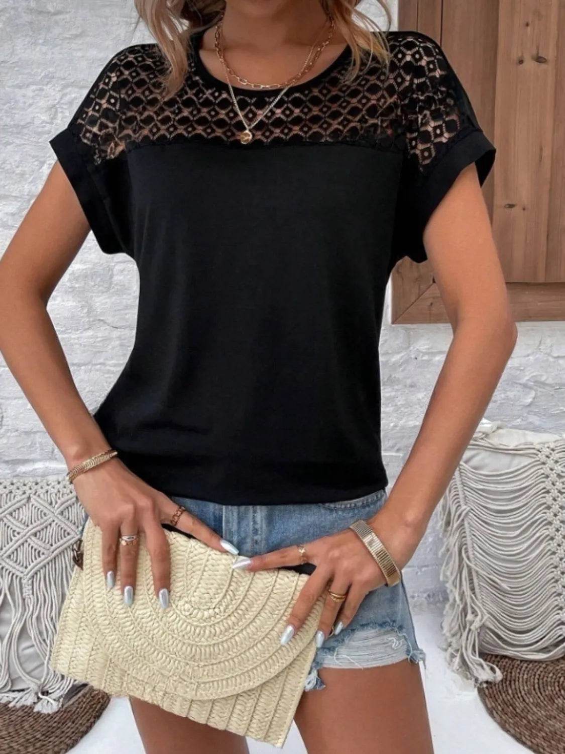 Lace Cutout Round Neck Short Sleeve T-Shirt for Women - 60% Polyester Casual Top - Store 42