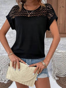 Lace Cutout Round Neck Short Sleeve T-Shirt for Women - 60% Polyester Casual Top - Store 42