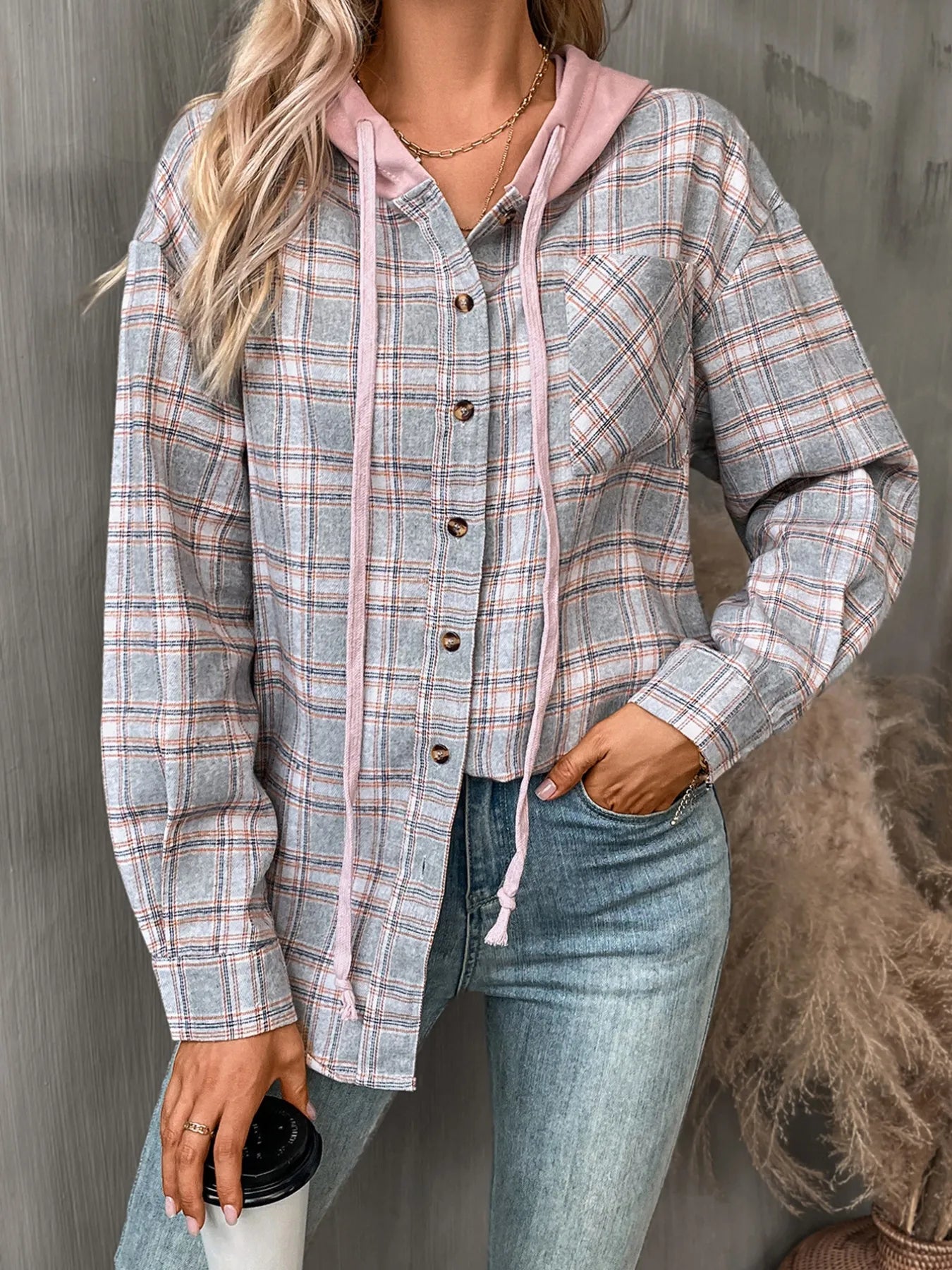 Plaid Button-Up Hooded Shirt