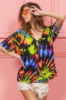 Trendy Tie Dye Print V-Neck Top in Soft Cotton - Chic Jersey Stitched Design - Store 42