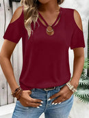 Sleek Cold Shoulder T-Shirt With Eye-Catching Metal Ring Detail - 95% Polyester, Slightly Stretchy - Store 42