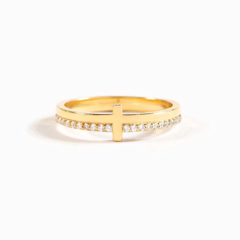 18K Gold-Plated 925 Sterling Silver Cross Ring with Zircon Stones - Elegant Religious Jewelry - Store 42