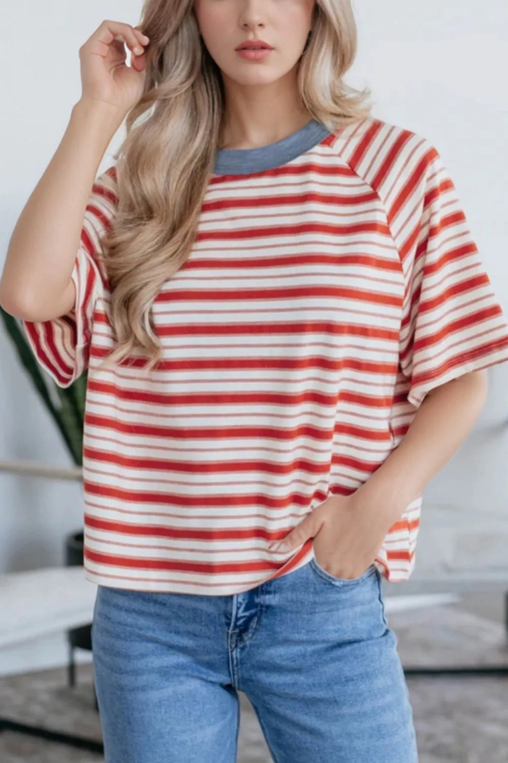 Stripe Print Contrast Collar Raglan Sleeve T Shirt