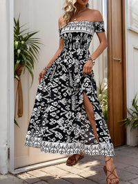 Perfee Slit Printed Off-Shoulder Dress Black