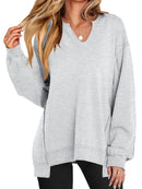 Notched Long Sleeve Oversized Sweatshirt Light Gray