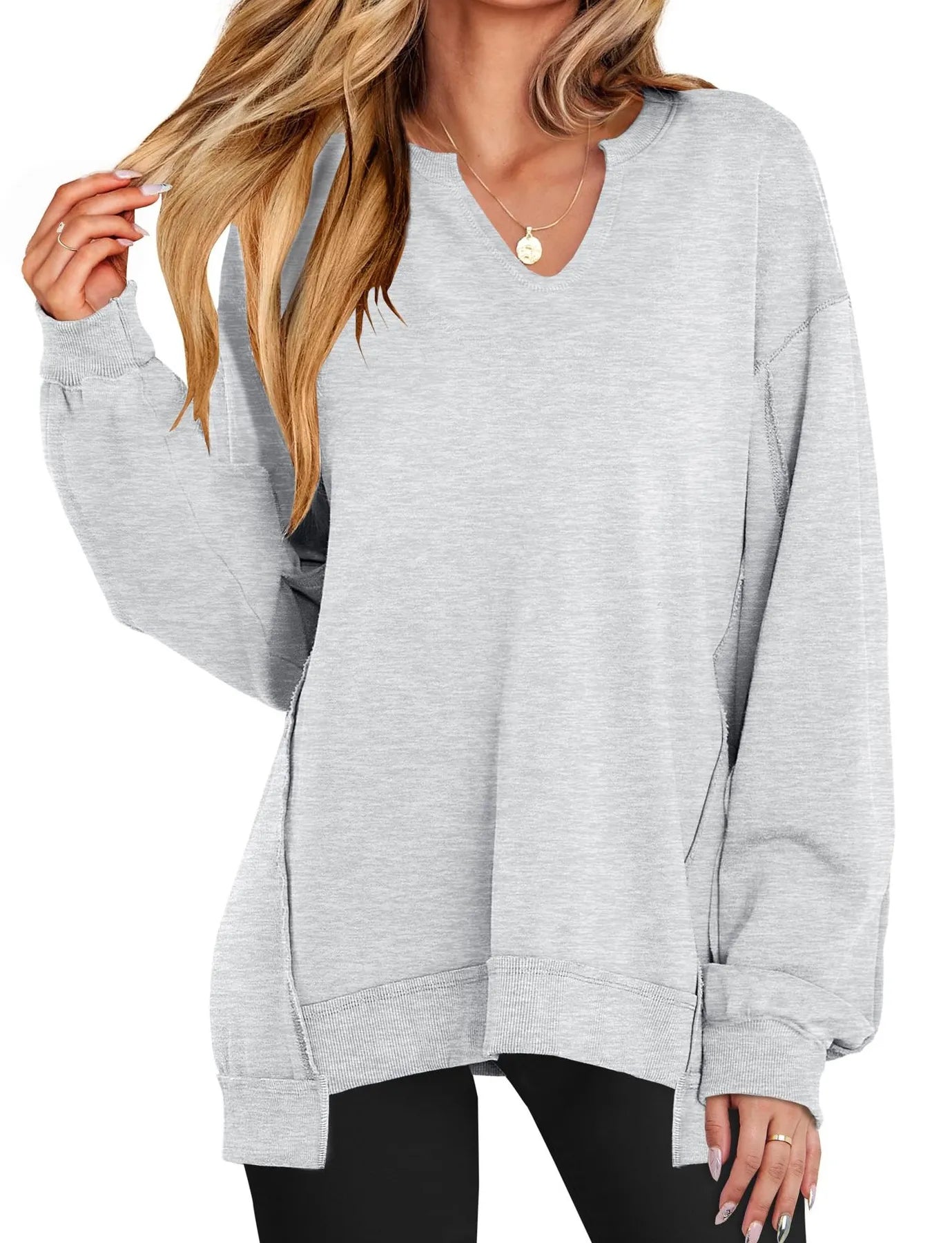 Notched Long Sleeve Oversized Sweatshirt Light Gray