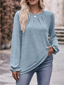 Slightly Stretchy Ruched Round Neck Long Sleeve T-Shirt - Casual Everyday Essential - Store 42