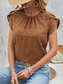 Slightly Stretchy Round Neck Ruched Petal Sleeve Top - 95% Polyester, 5% Spandex - Store 42