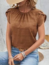 Slightly Stretchy Round Neck Ruched Petal Sleeve Top - 95% Polyester, 5% Spandex - Store 42