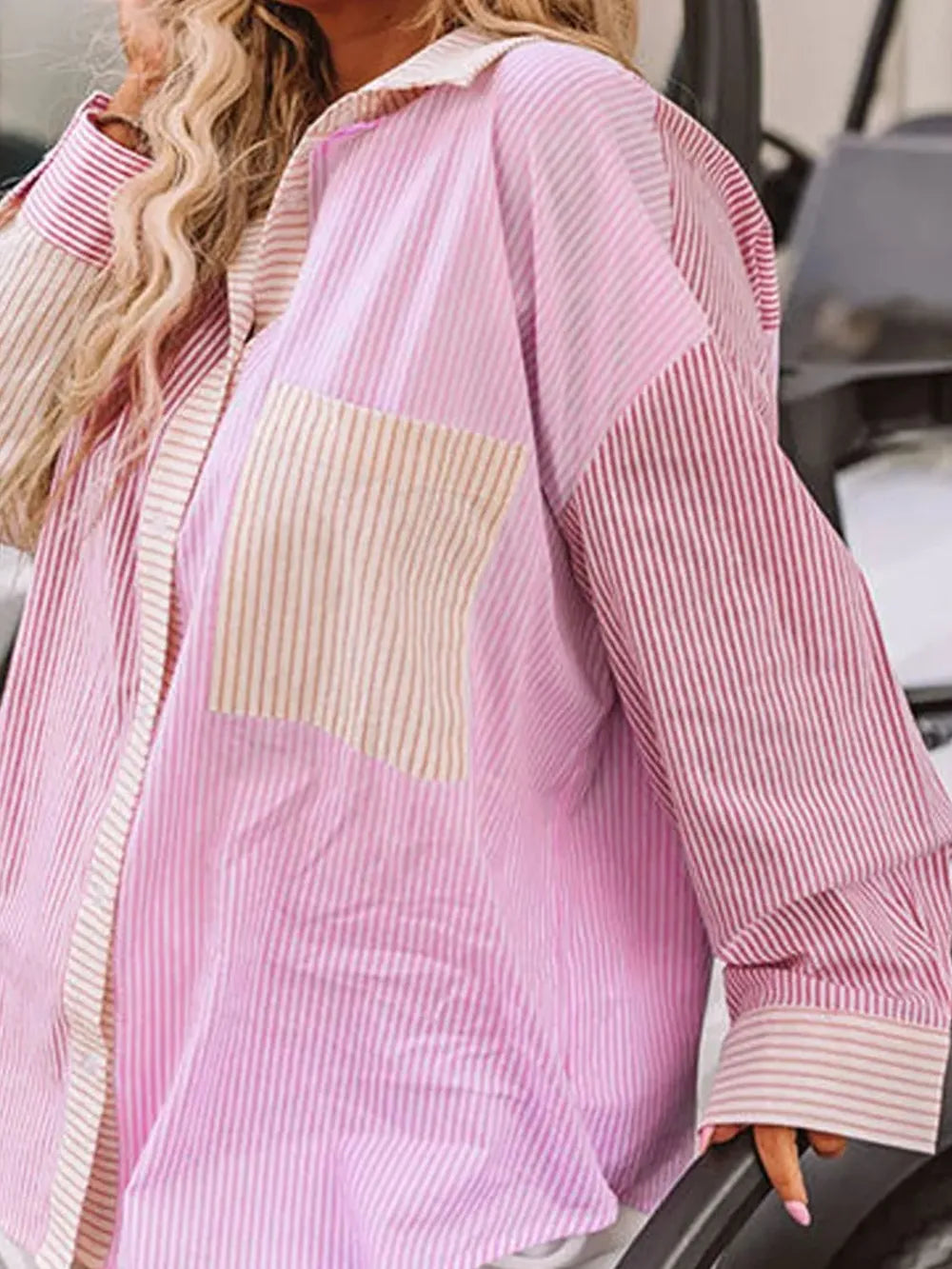 Plus Size Striped Long Sleeve Shirt with Collared Neck and Pocket - 100% Polyester, Opaque