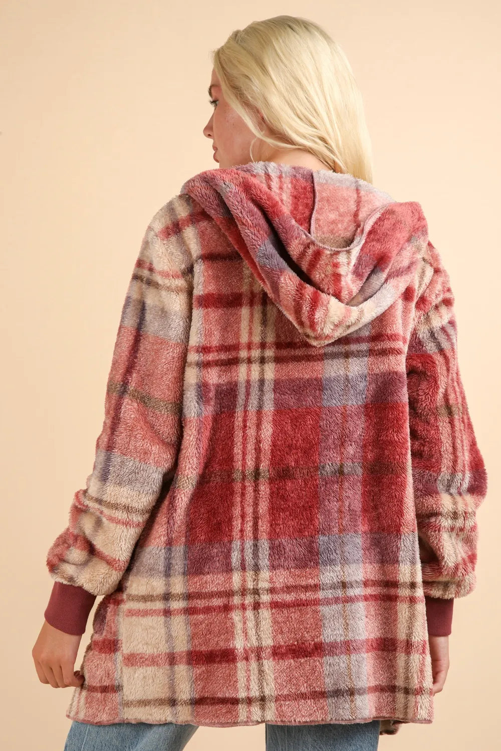 VERY J Fuzzy Plaid Hooded Jacket for Women - Long Sleeve, Pocketed, Cozy Polyester Outerwear