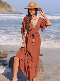 Ruffled Tassel V-Neck Flutter Sleeve Dress