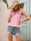 Ivy Lane Solid Eyelet Tie Neck Flutter Sleeve Blouse for Casual Elegance - Store 42