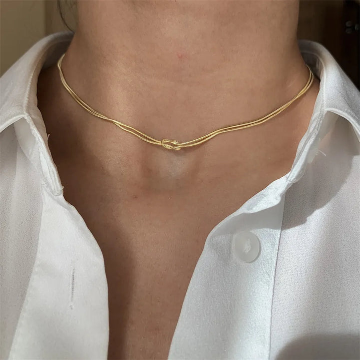 18K Gold-Plated Titanium Steel Knotted Necklace - Durable Elegance with Adjustable Length
