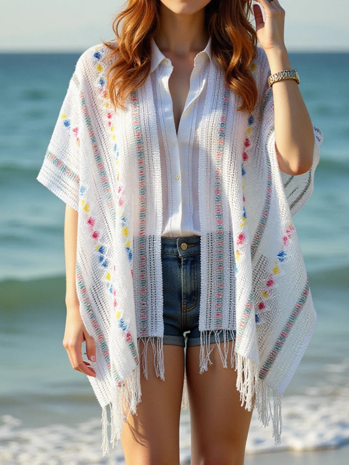 Openwork Fringe Open Front Knit Cape