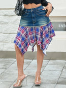 Asymmetric Plaid Hem Denim Skirt