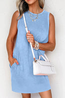 Round Neck Sleeveless Mini Dress with Pockets Light Blue
