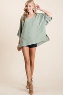 BiBi Flowy Woven V-Neck Top with Rolled Up Cuffs