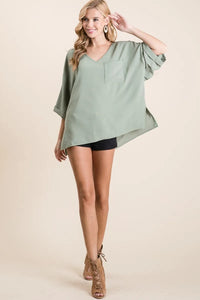 BiBi Flowy Woven V-Neck Top with Rolled Up Cuffs