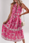 Floral Sleeveless Tasseled Tie Neck Tiered Midi Dress Hot Pink