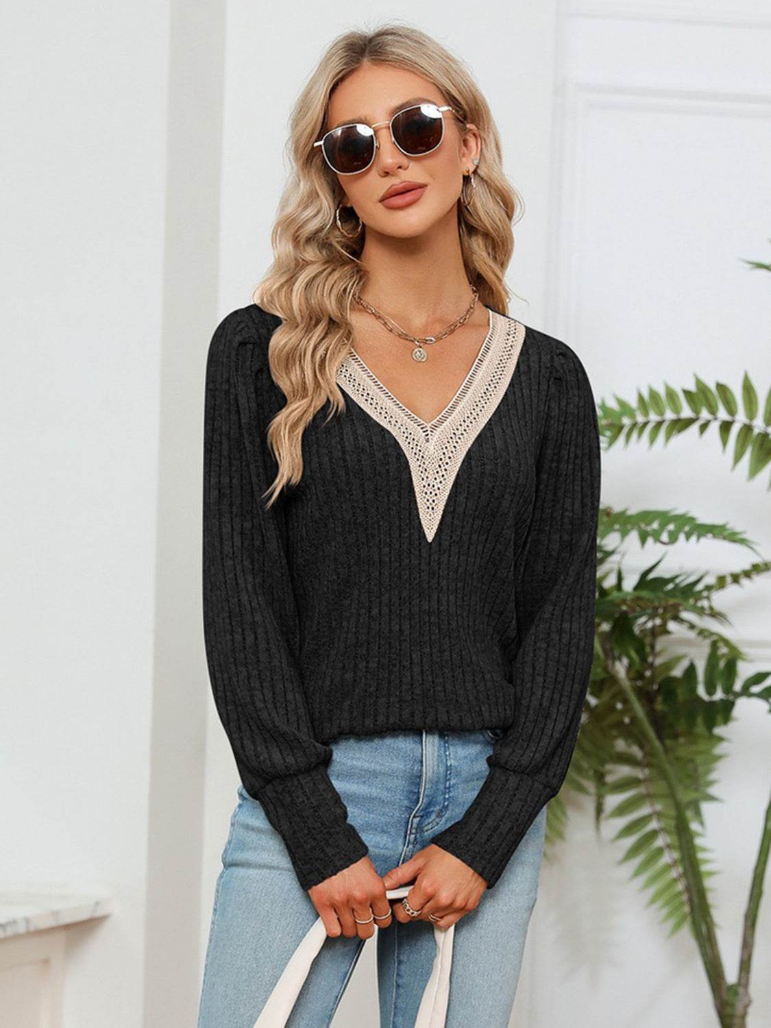 Lace Detail V-Neck Blouse with Ribbed Texture - Opaque, Slightly Stretchy Fabric - Store 42