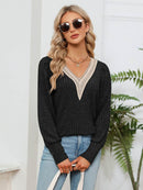 Lace Detail V-Neck Blouse with Ribbed Texture - Opaque, Slightly Stretchy Fabric - Store 42