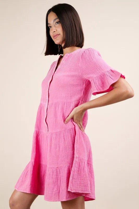 Very J Plus Size Mineral Washed Woven Mini Dress with Buttoned Ruffled Tiered Detail