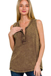 Zenana Washed Half-Button Raw Edge Sleeveless Henley Top MAHOGANY