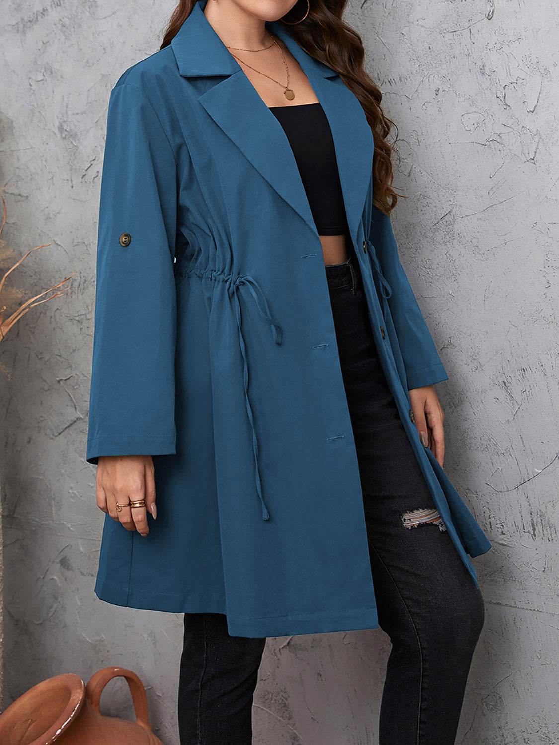Honey Plus Size Lapel Collar Drawstring Roll-Tab Sleeve Trench Coat - Store 42