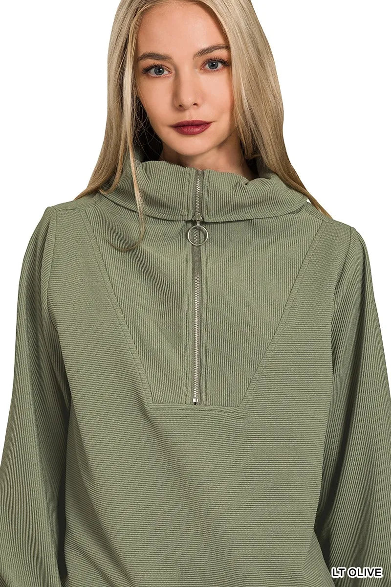 Zenana Ribbed High Neck Half Zip Pullover & Pants Set