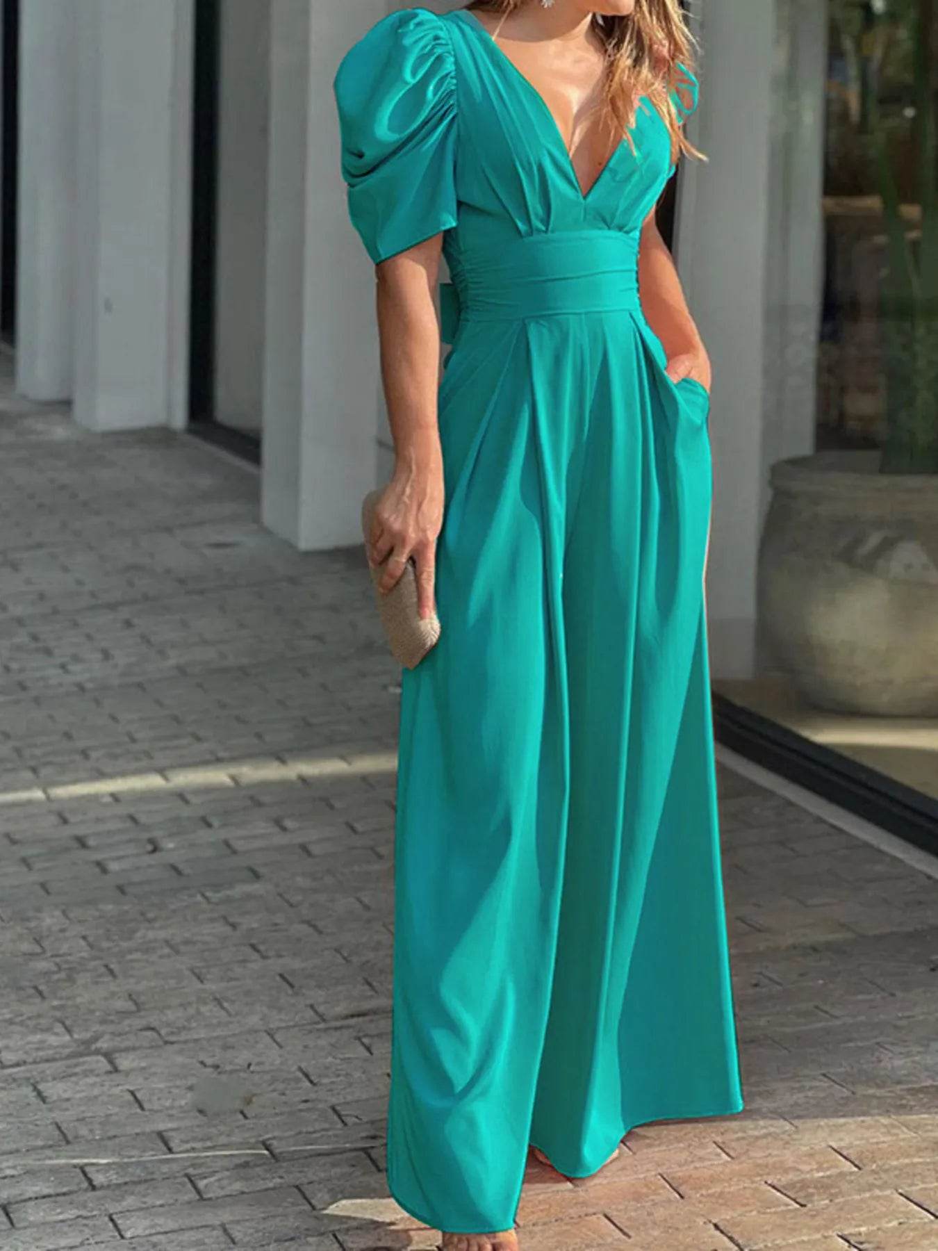 Full Size Cutout V-Neck Puff Sleeve Jumpsuit Plus Size - Store 42